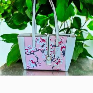 Floral Pink and White Tote Bag with Gold Accent